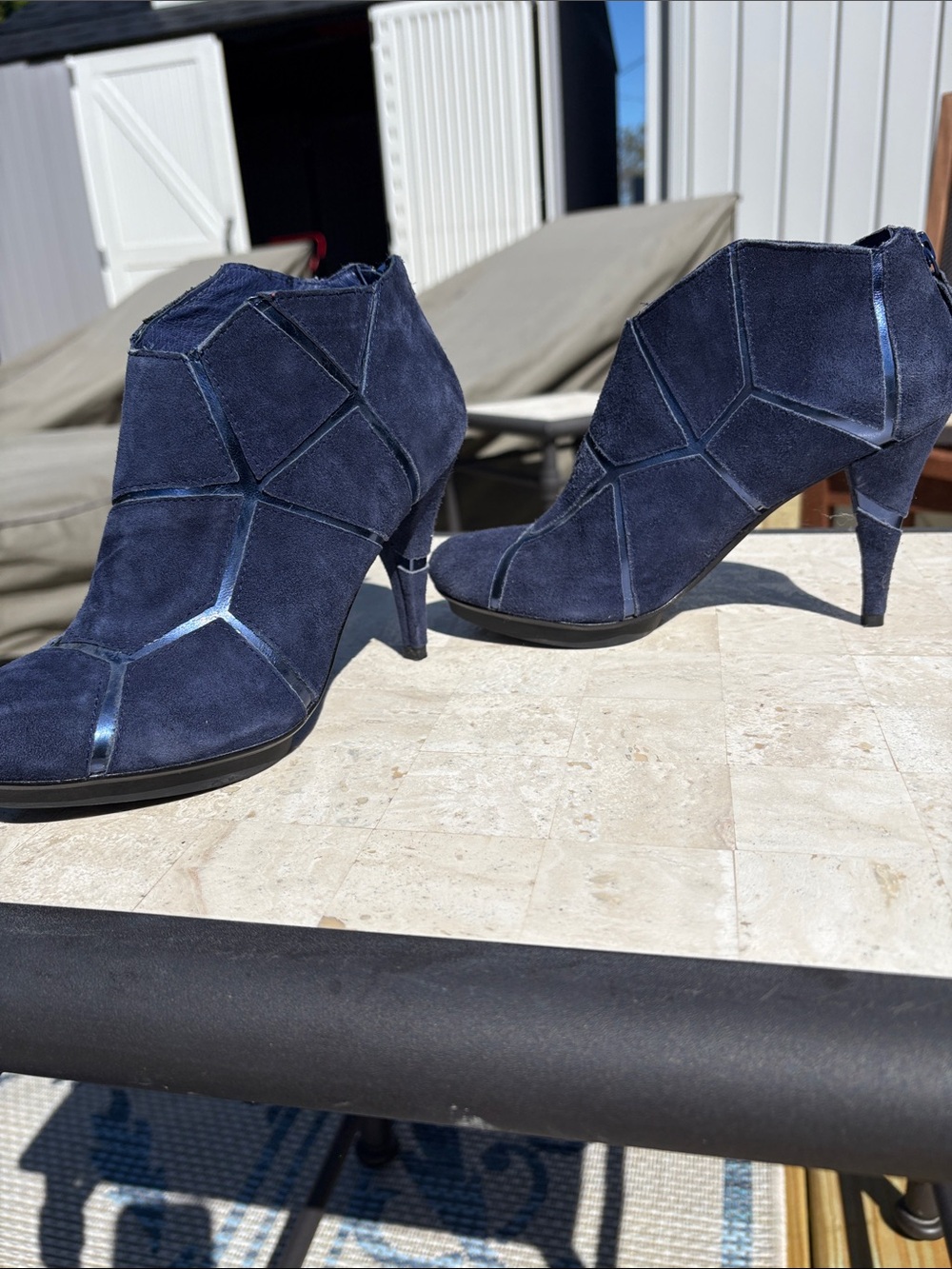 United Nude Navy Suede Geometric Ankle Booties with Gloss Trim